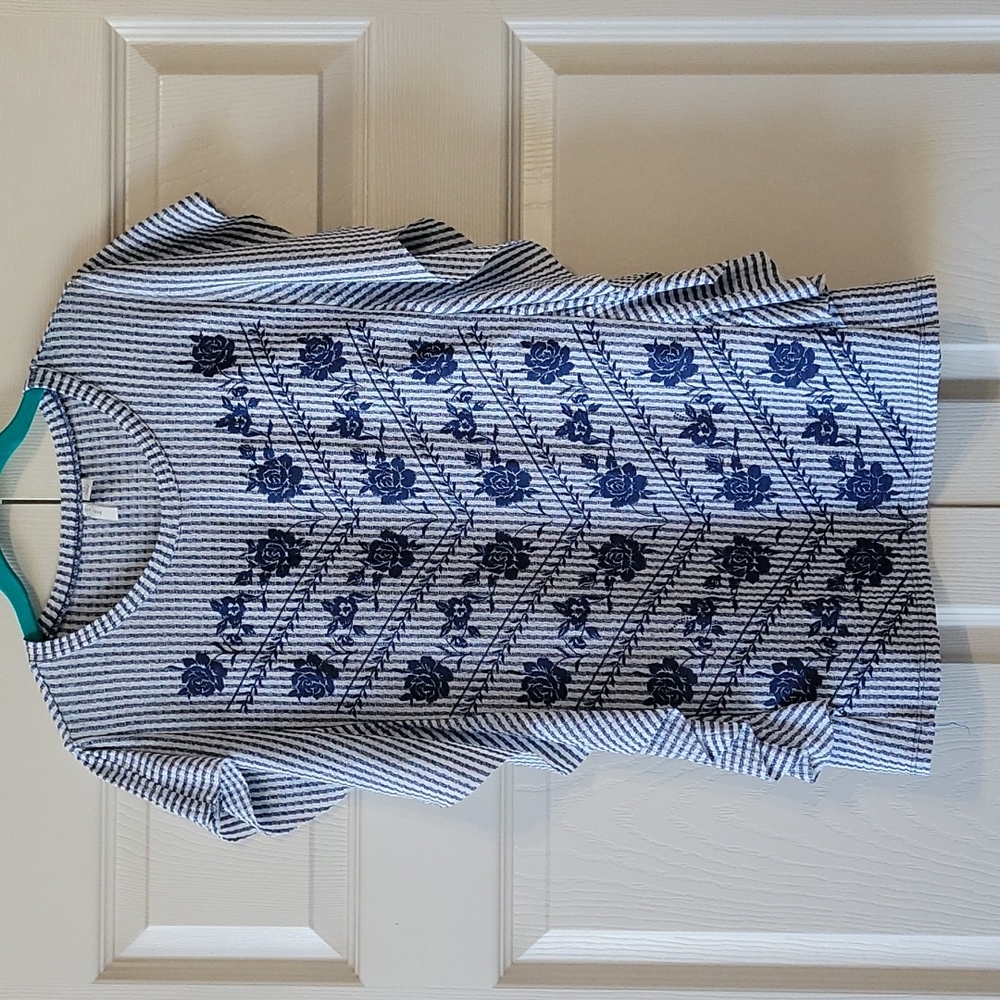 Blue and white striped floral blouse with flutter sleeves